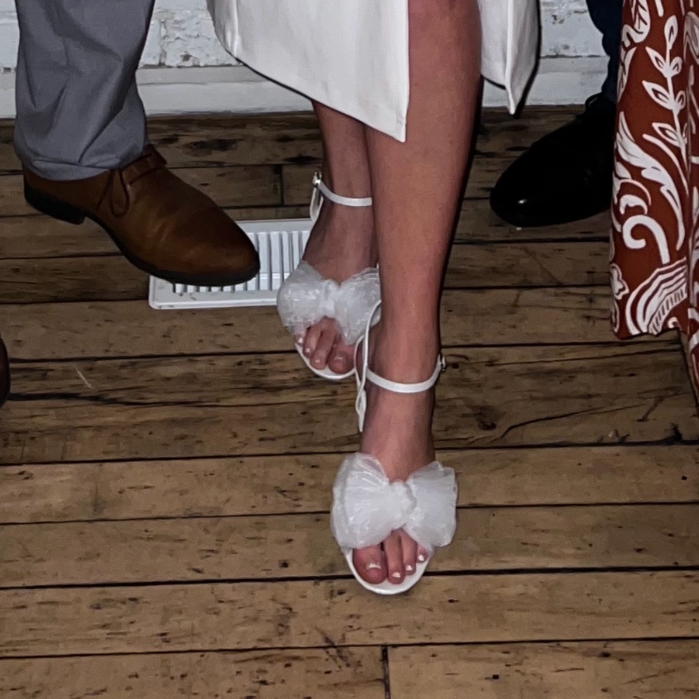 White tulle bow heels